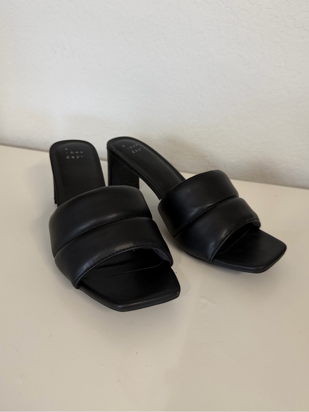 a new day | Black Padded Double-Strap Square-Toe Mules